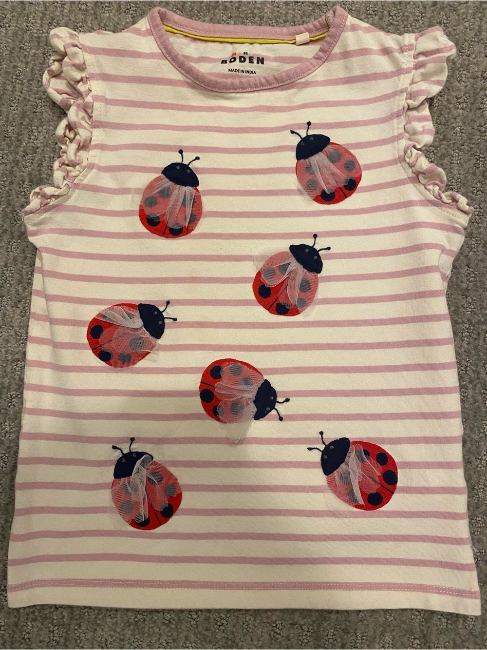 Boden Pink & White Stripe Tank Top with Ladybug Appliqués